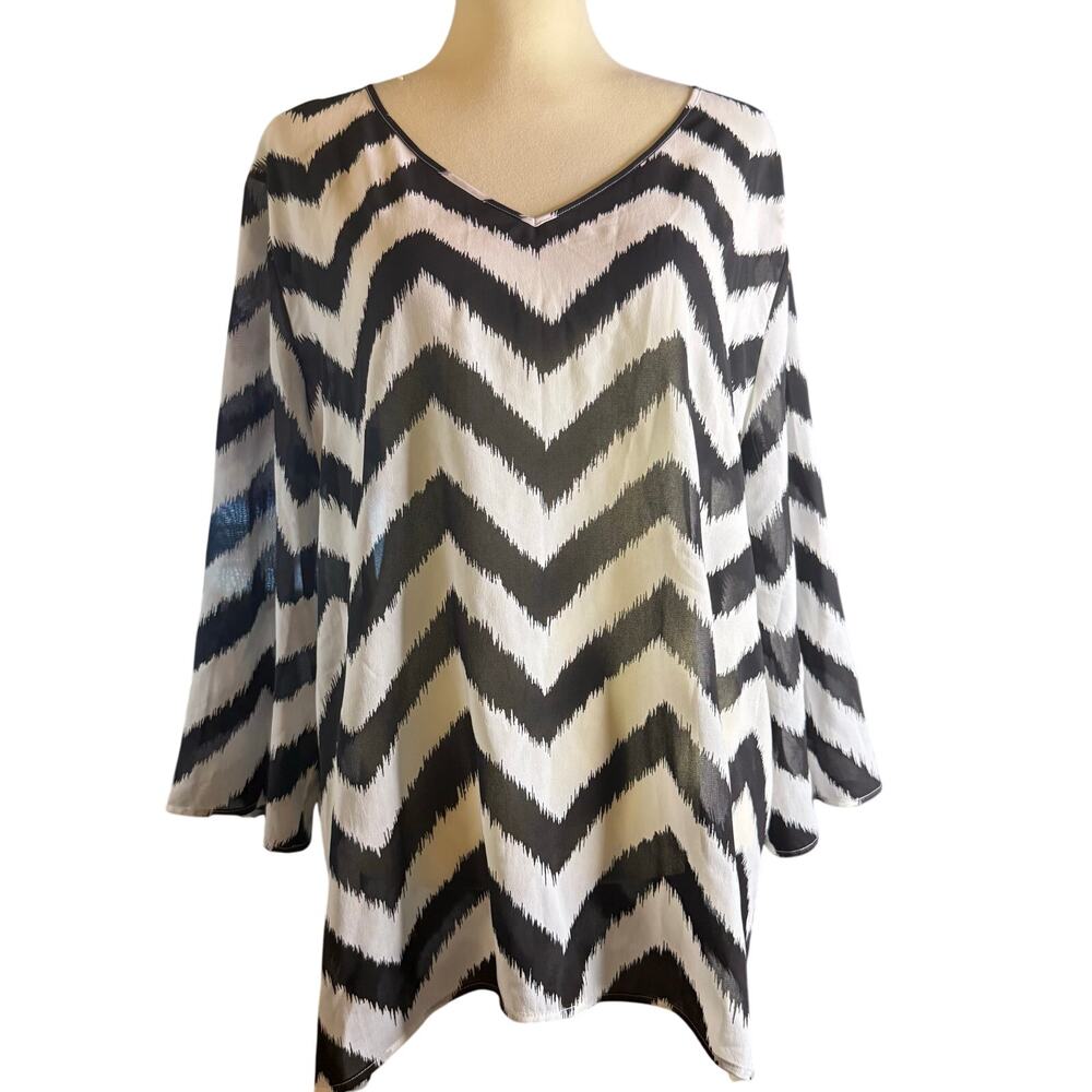 Chico's Black & White Chevron Sheer Tunic Top, Women's XL, NWT